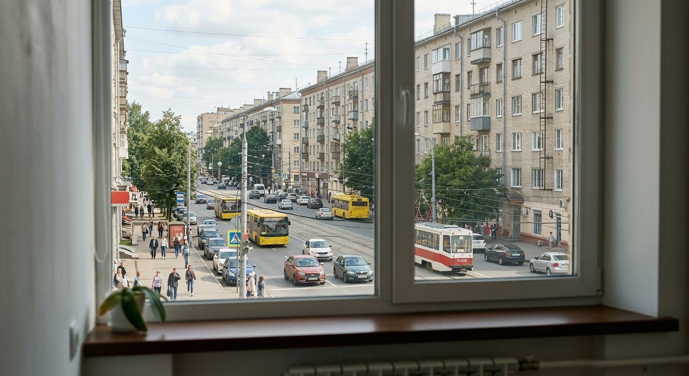 Звукоизоляция окон в городской квартире — вид на оживлённую улицу из окна