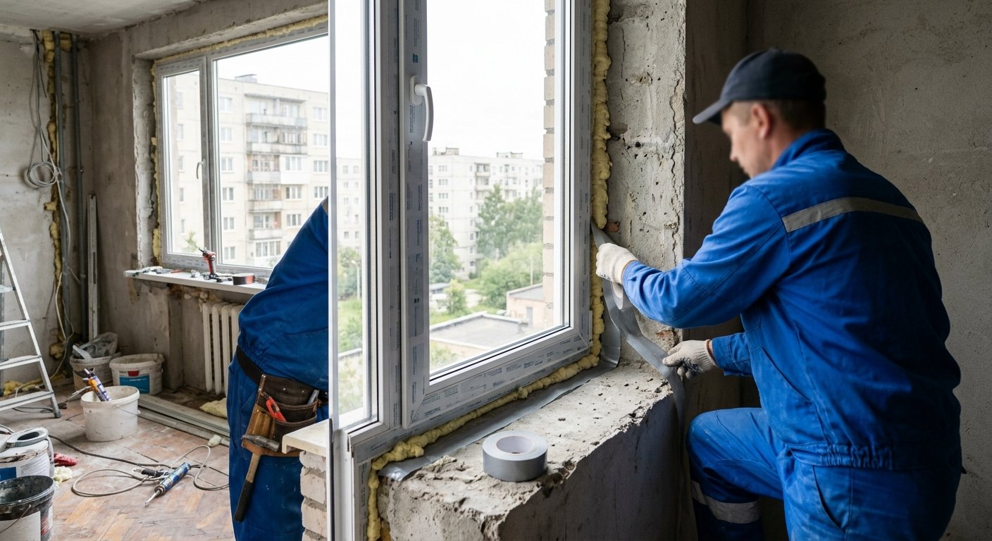 Тёплый монтаж окна — установка пароизоляционной ленты в монтажный шов